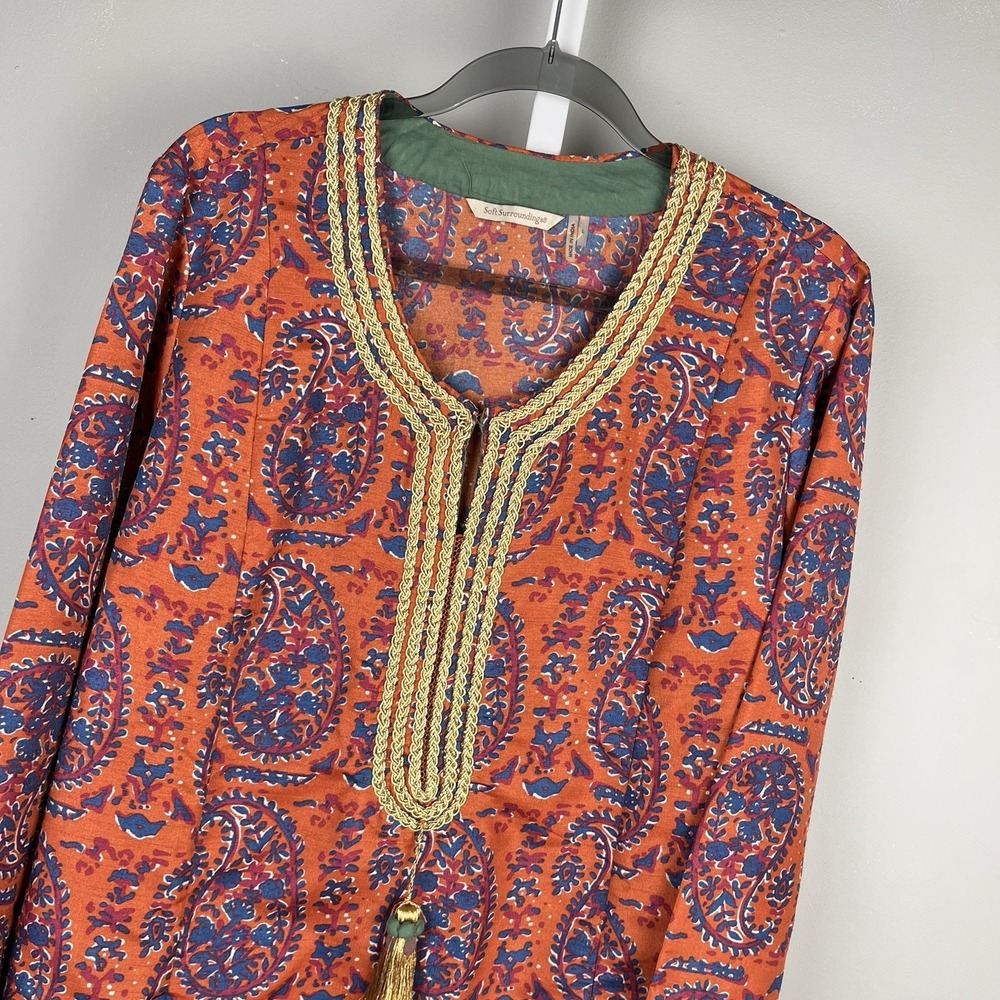 Soft Surroundings Moroccan Embellished Tunic Top Womens L Orange Blue Paisley